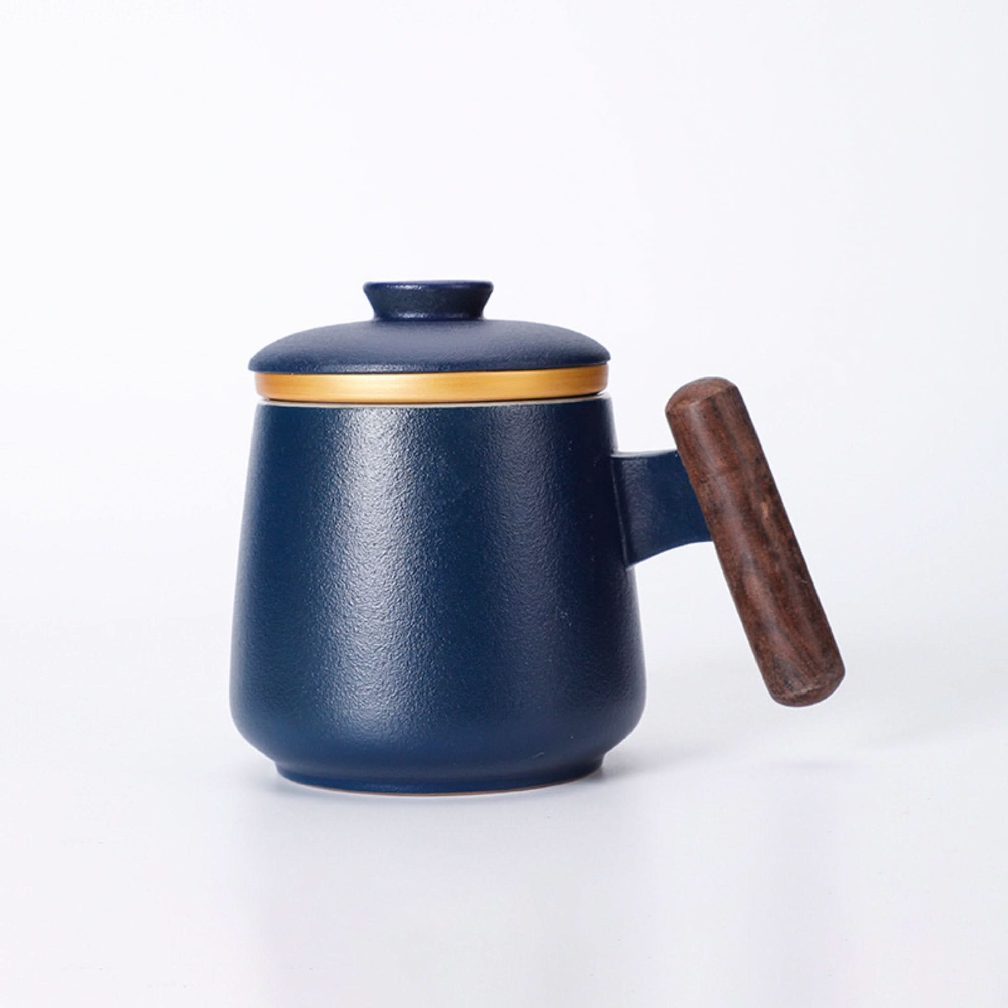 Navy Minimalist Japanese Mug with wood handle and gold accent, 10.1oz latte mug
